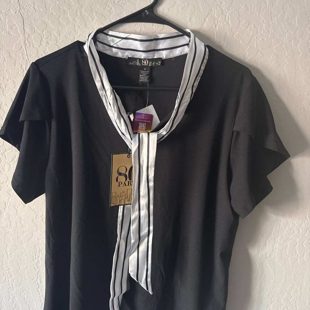 NWT Black Blouse w/ Striped Necktie Detail – Size L